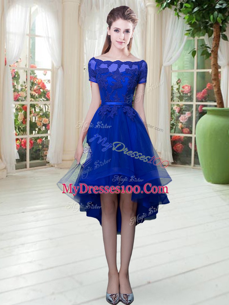 New Arrival Royal Blue Lace Up Off The Shoulder Appliques Womens Evening Dresses Tulle Short Sleeves