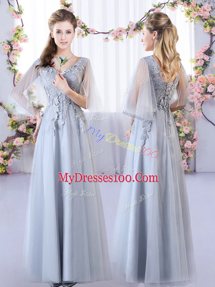 Clearance Grey Lace Up Quinceanera Court of Honor Dress Appliques Sleeveless Floor Length