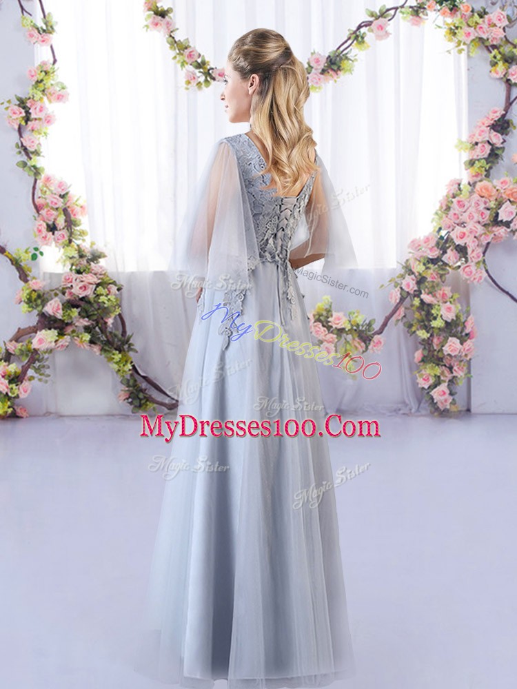 Clearance Grey Lace Up Quinceanera Court of Honor Dress Appliques Sleeveless Floor Length