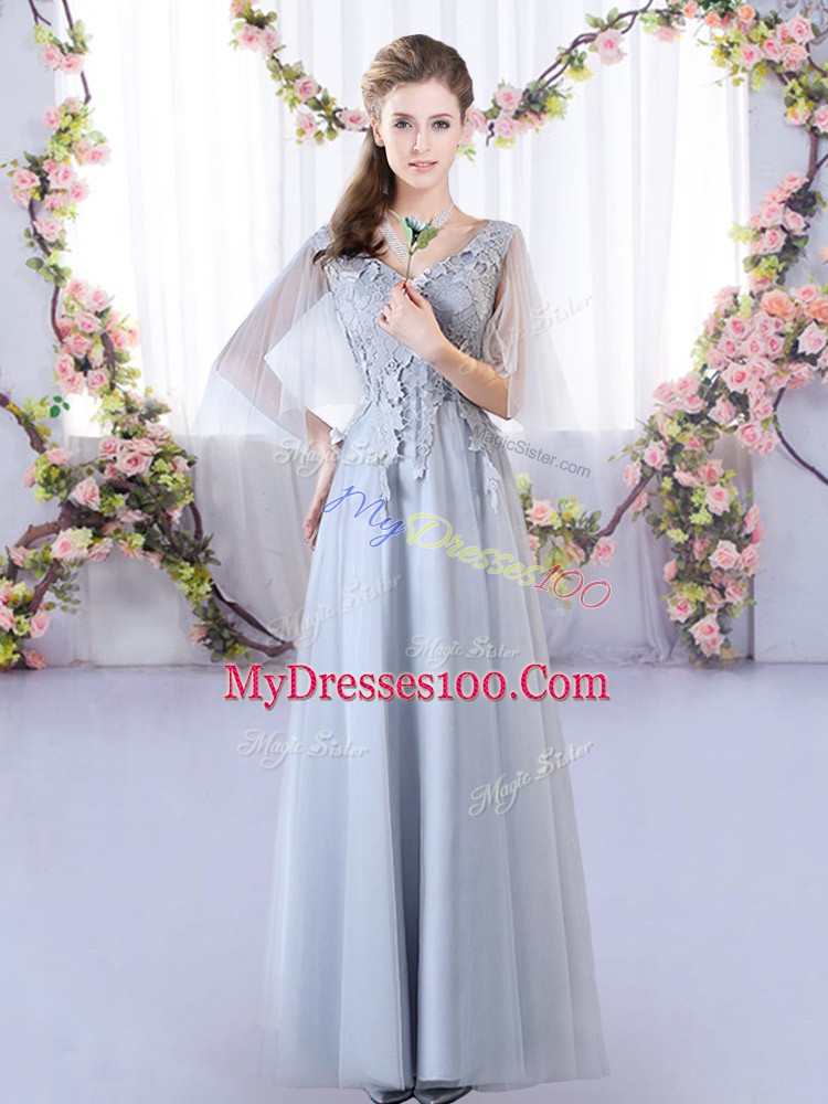 Clearance Grey Lace Up Quinceanera Court of Honor Dress Appliques Sleeveless Floor Length