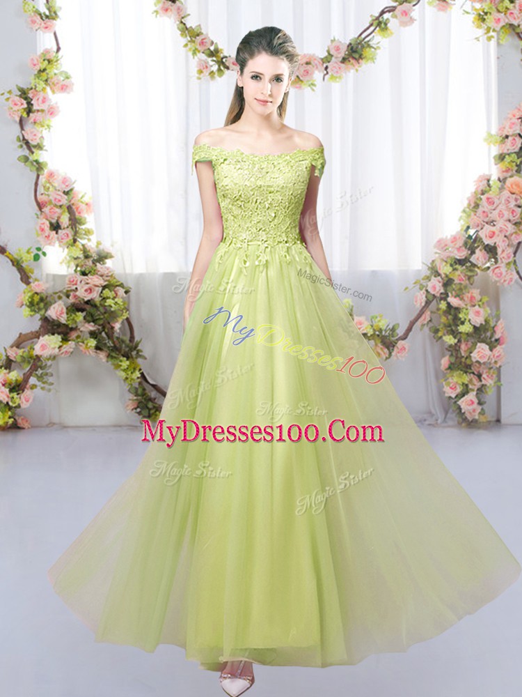 Sleeveless Floor Length Lace Lace Up Bridesmaid Gown with Yellow Green