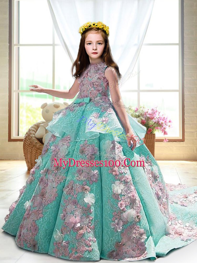 Turquoise Backless High-neck Appliques Evening Gowns Satin Sleeveless Court Train