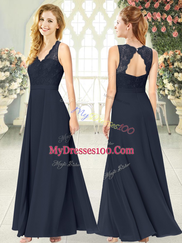 Comfortable V-neck Sleeveless Chiffon Prom Dresses Lace Zipper