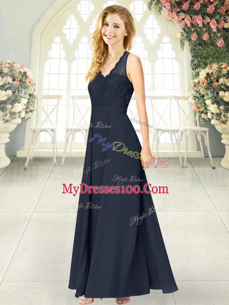 Comfortable V-neck Sleeveless Chiffon Prom Dresses Lace Zipper