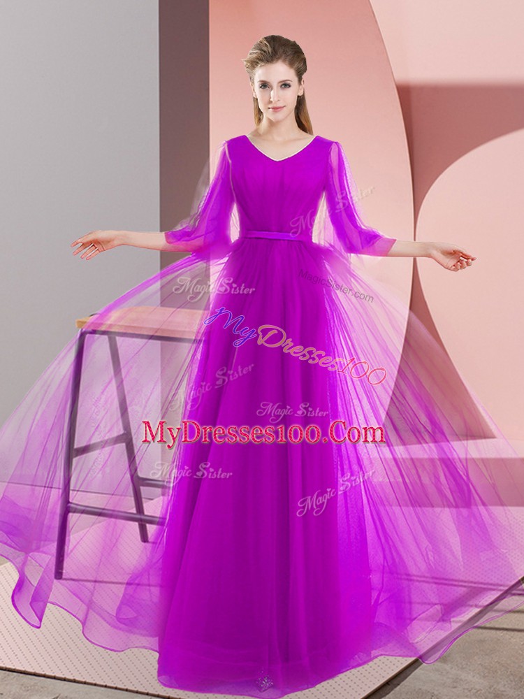Superior Purple Tulle Lace Up V-neck Long Sleeves Floor Length Evening Dress Beading