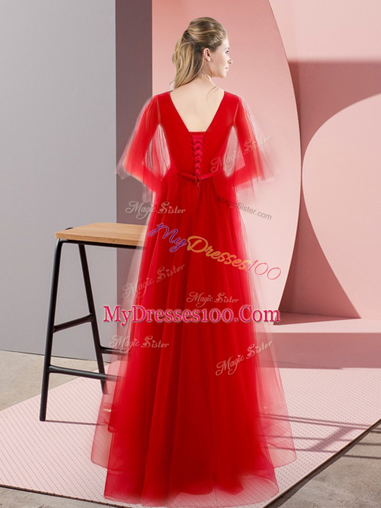 Superior Purple Tulle Lace Up V-neck Long Sleeves Floor Length Evening Dress Beading