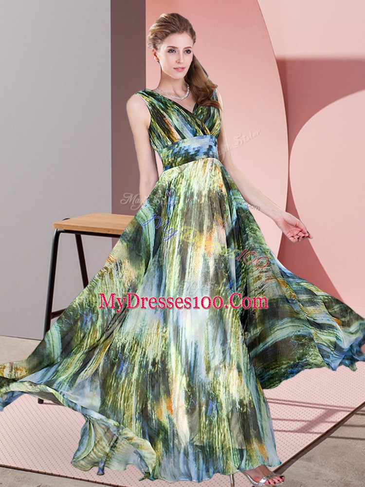 Smart Multi-color Prom Evening Gown Prom and Party with Pattern V-neck Sleeveless Lace Up