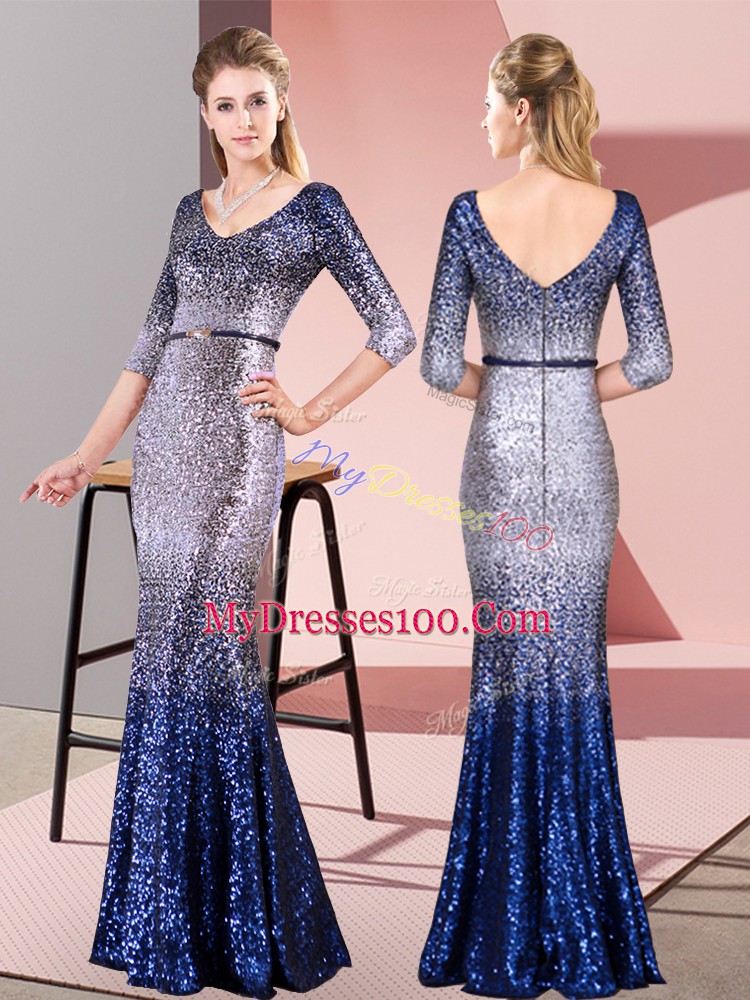Inexpensive Sequined V-neck 3 4 Length Sleeve Zipper Belt Prom Gown in Multi-color
