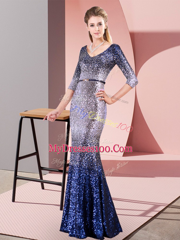 Inexpensive Sequined V-neck 3 4 Length Sleeve Zipper Belt Prom Gown in Multi-color
