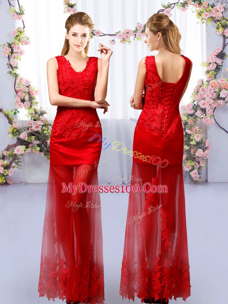 Best Selling Red V-neck Neckline Lace Wedding Party Dress Sleeveless Lace Up