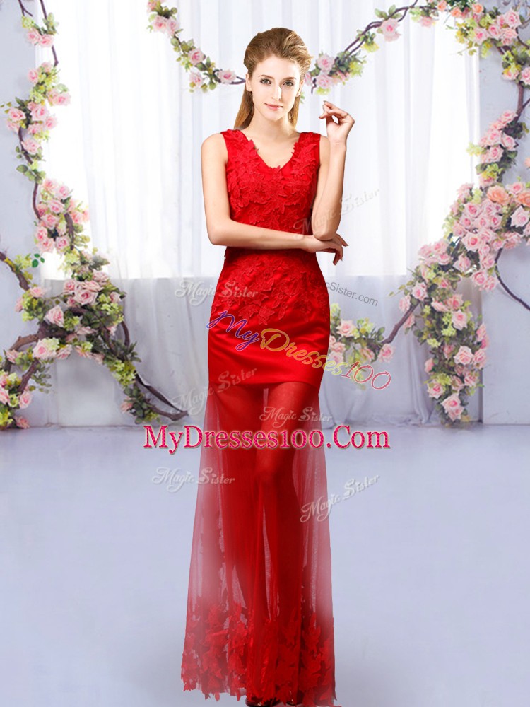 Best Selling Red V-neck Neckline Lace Wedding Party Dress Sleeveless Lace Up