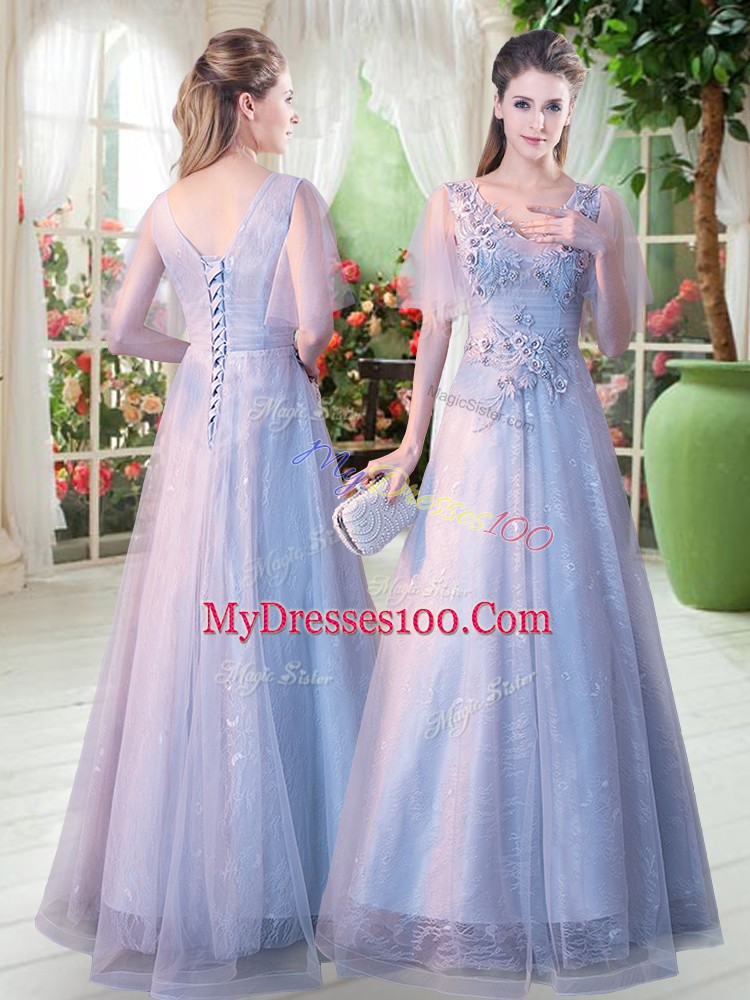 High End Floor Length Lace Up Evening Party Dresses Grey for Prom and Party with Appliques