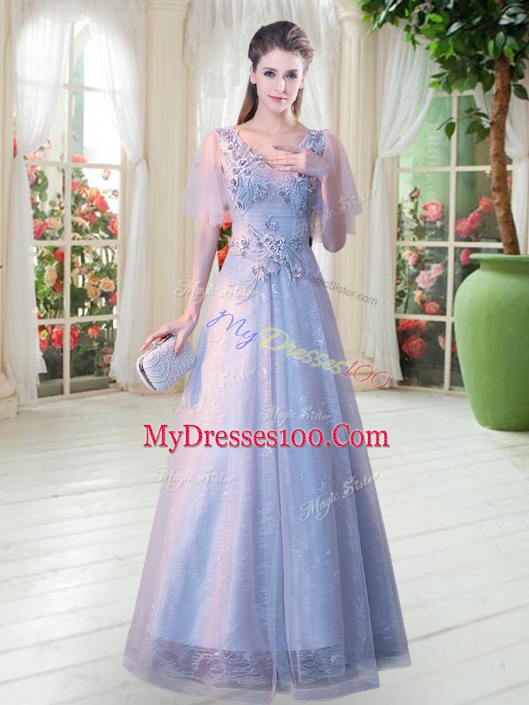 High End Floor Length Lace Up Evening Party Dresses Grey for Prom and Party with Appliques