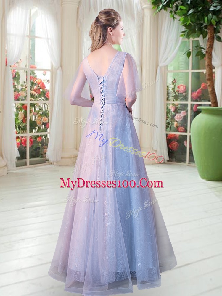 High End Floor Length Lace Up Evening Party Dresses Grey for Prom and Party with Appliques
