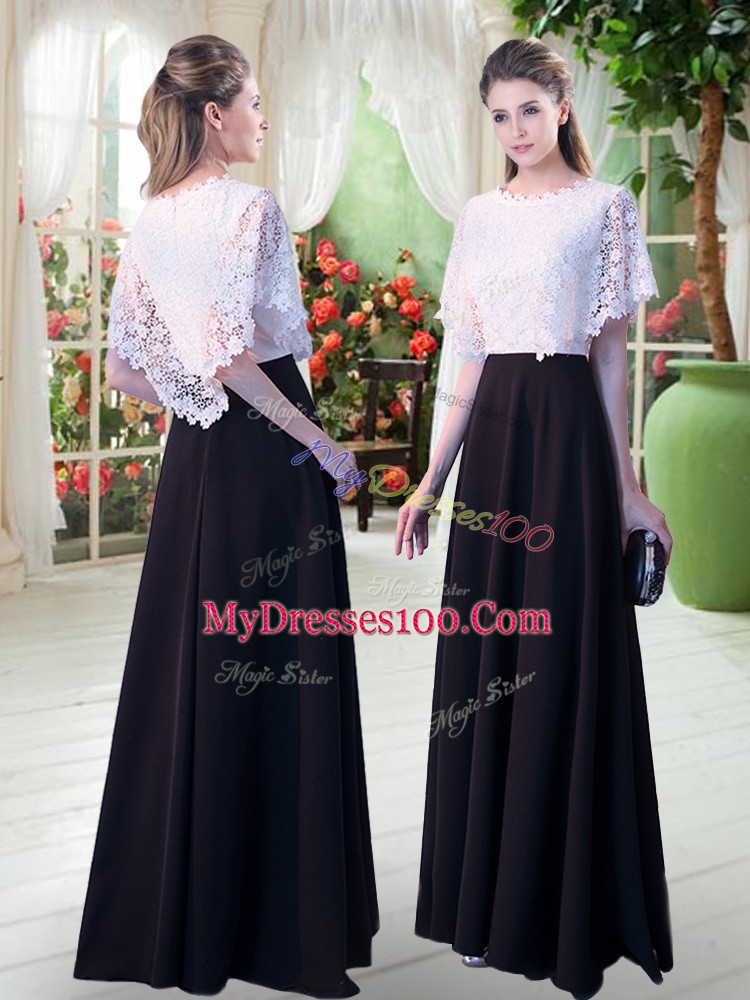 Artistic White And Black Short Sleeves Lace Floor Length