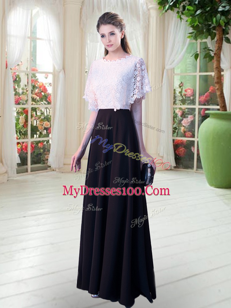 Artistic White And Black Short Sleeves Lace Floor Length