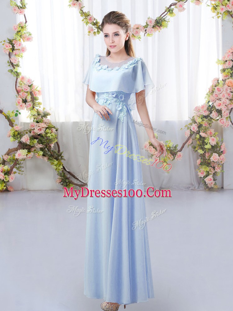 Scoop Short Sleeves Bridesmaid Dress Floor Length Appliques Lavender Chiffon