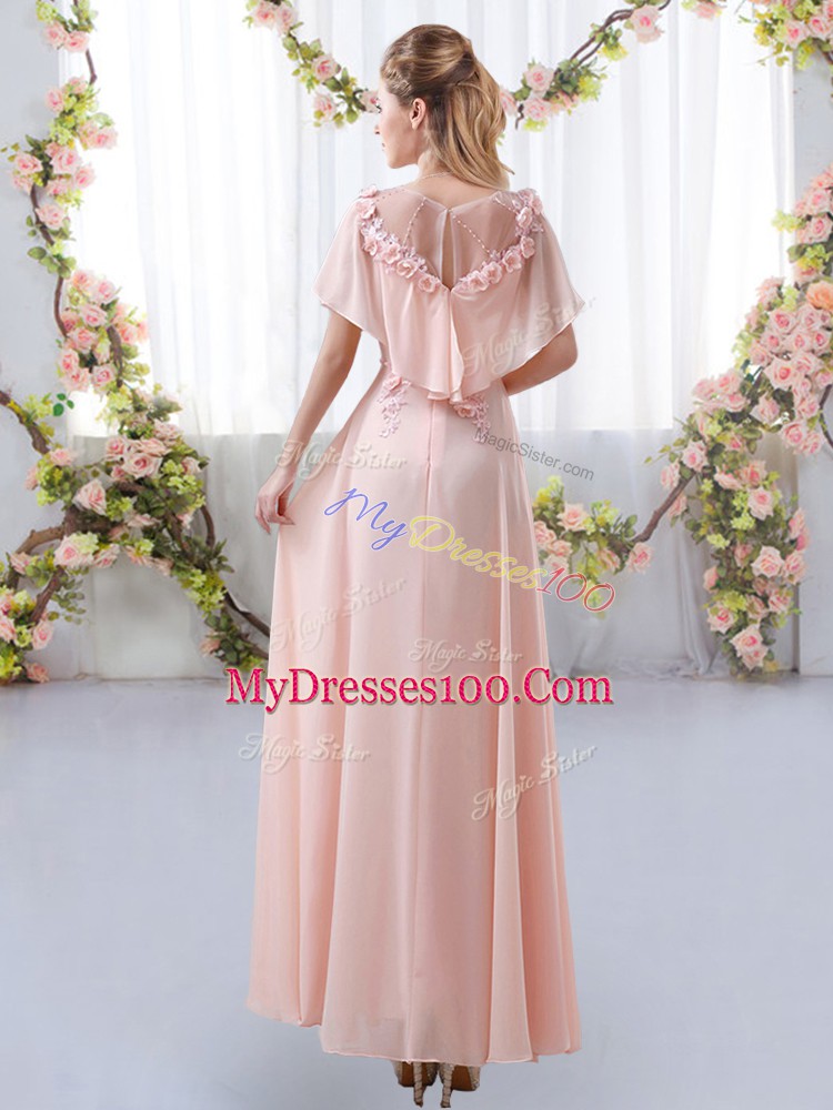 Scoop Short Sleeves Bridesmaid Dress Floor Length Appliques Lavender Chiffon