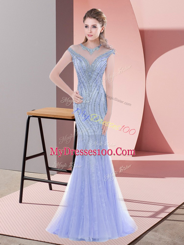 Modern Sweep Train Mermaid Dress for Prom Baby Blue Scoop Tulle Sleeveless Zipper