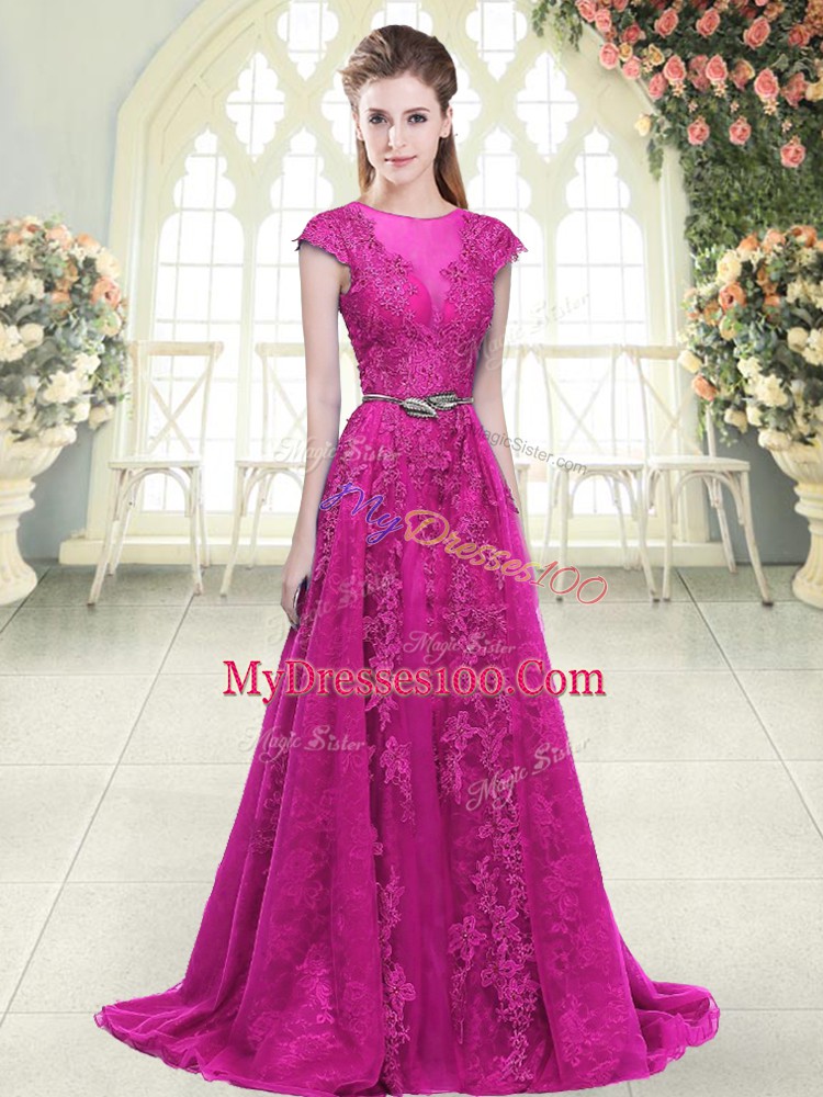 A-line Cap Sleeves Fuchsia Evening Dress Sweep Train Zipper