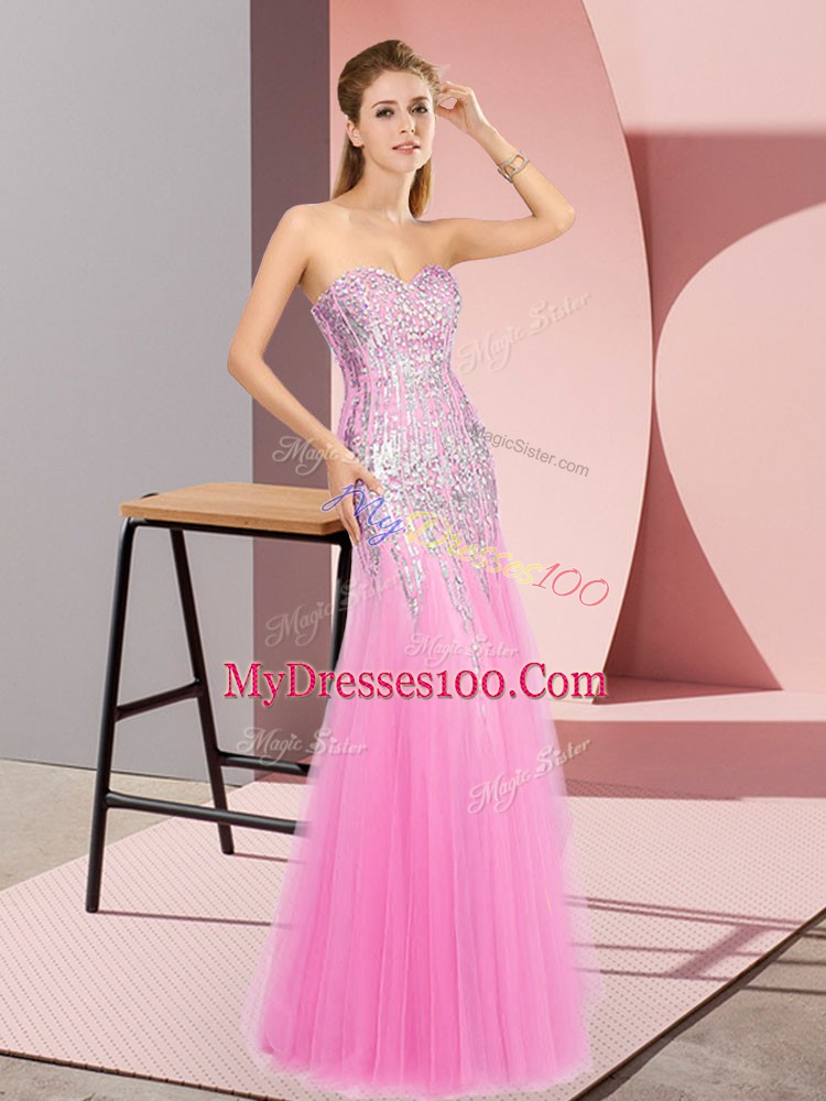 Captivating Rose Pink Sleeveless Tulle Zipper Prom Evening Gown for Prom and Party