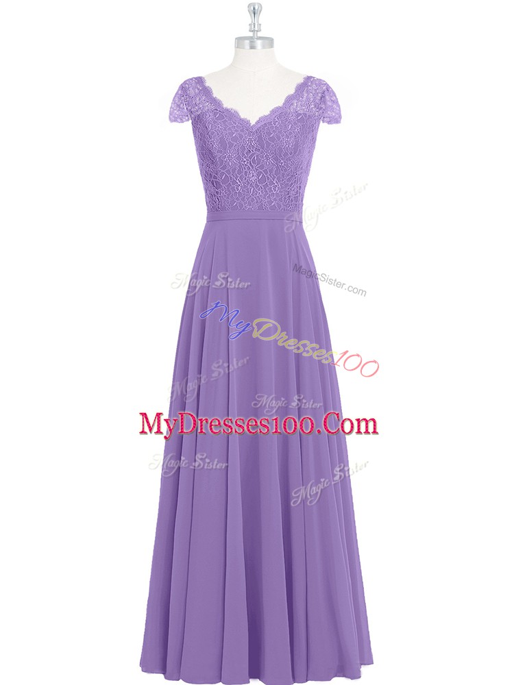 Lavender Empire Lace Dress for Prom Zipper Chiffon Cap Sleeves Floor Length