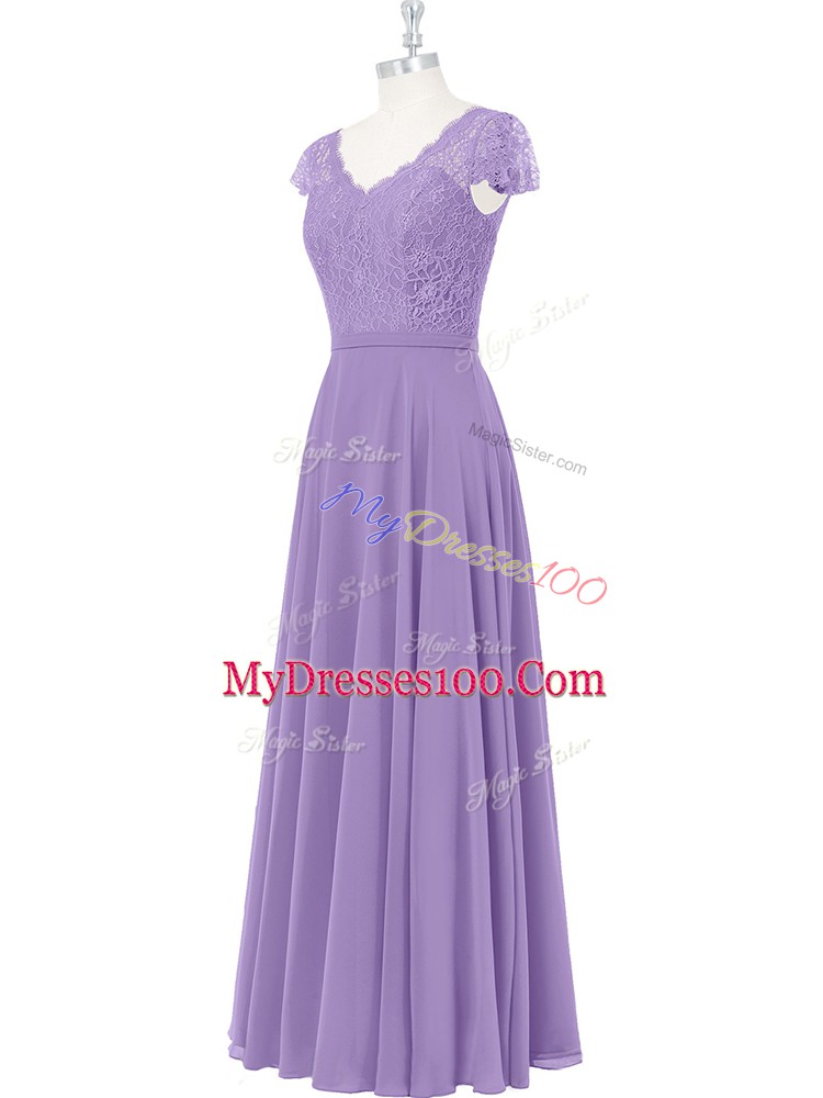Lavender Empire Lace Dress for Prom Zipper Chiffon Cap Sleeves Floor Length