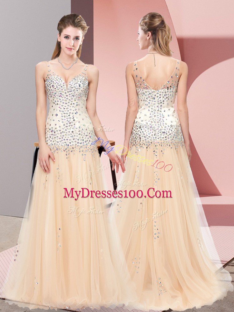 Champagne A-line Tulle V-neck Sleeveless Beading Zipper Homecoming Dress Sweep Train