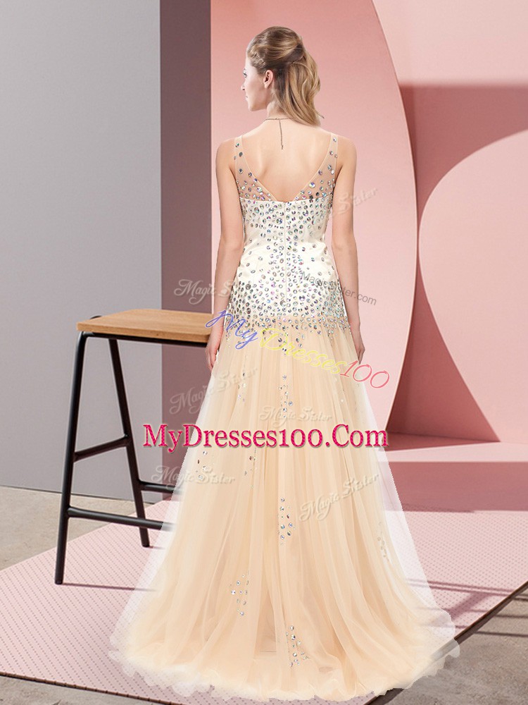 Champagne A-line Tulle V-neck Sleeveless Beading Zipper Homecoming Dress Sweep Train