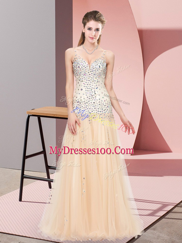 Champagne A-line Tulle V-neck Sleeveless Beading Zipper Homecoming Dress Sweep Train