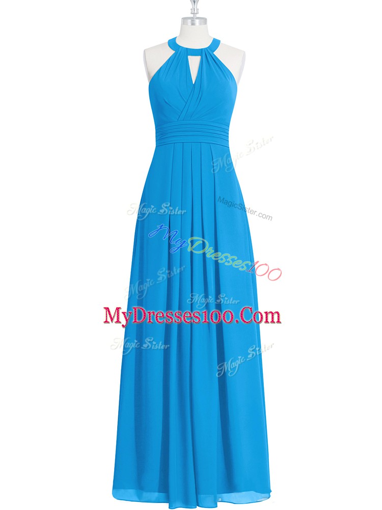 Blue Chiffon Zipper Evening Gowns Sleeveless Floor Length Ruching