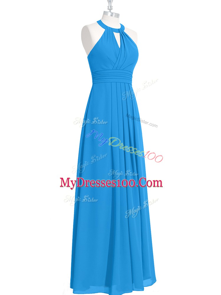 Blue Chiffon Zipper Evening Gowns Sleeveless Floor Length Ruching
