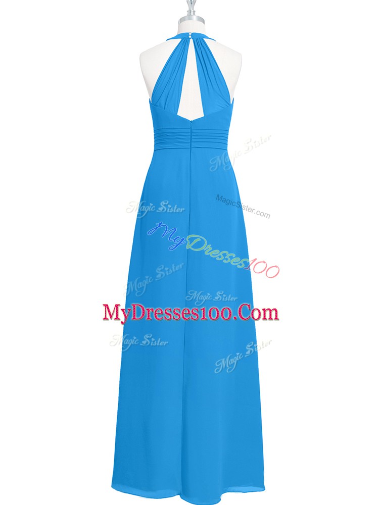 Blue Chiffon Zipper Evening Gowns Sleeveless Floor Length Ruching