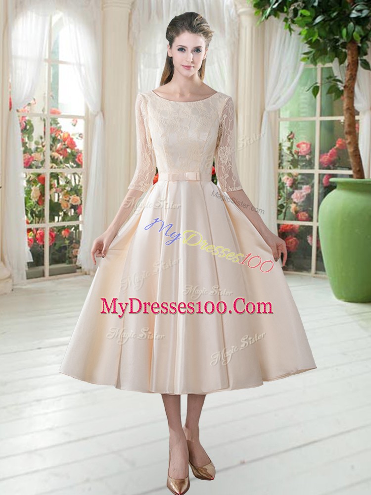 Admirable Champagne A-line Satin Scoop 3 4 Length Sleeve Lace Tea Length Zipper Prom Gown