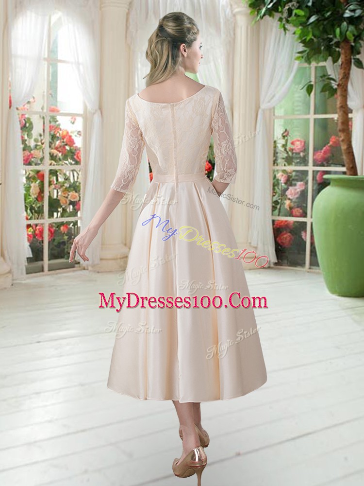 Admirable Champagne A-line Satin Scoop 3 4 Length Sleeve Lace Tea Length Zipper Prom Gown