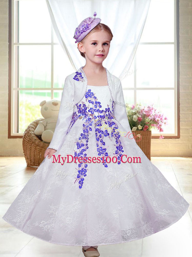White Sleeveless Ankle Length Embroidery Zipper Flower Girl Dresses for Less