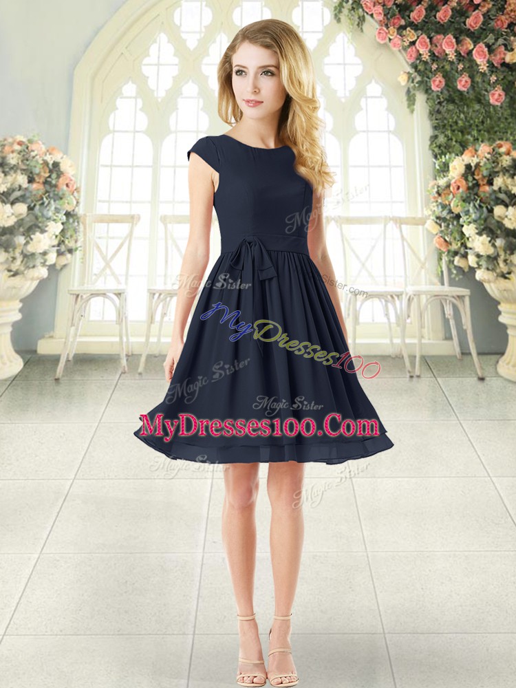 Most Popular Black Cap Sleeves Mini Length Belt Zipper Prom Evening Gown