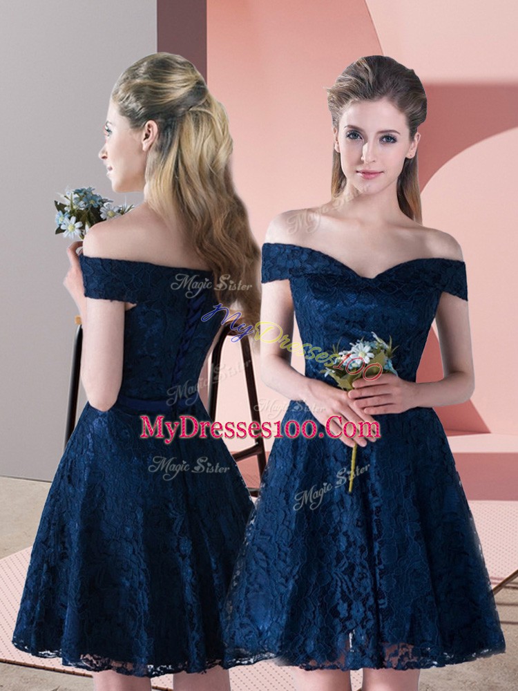 Fashionable Navy Blue Lace Up Lace Sleeveless Mini Length