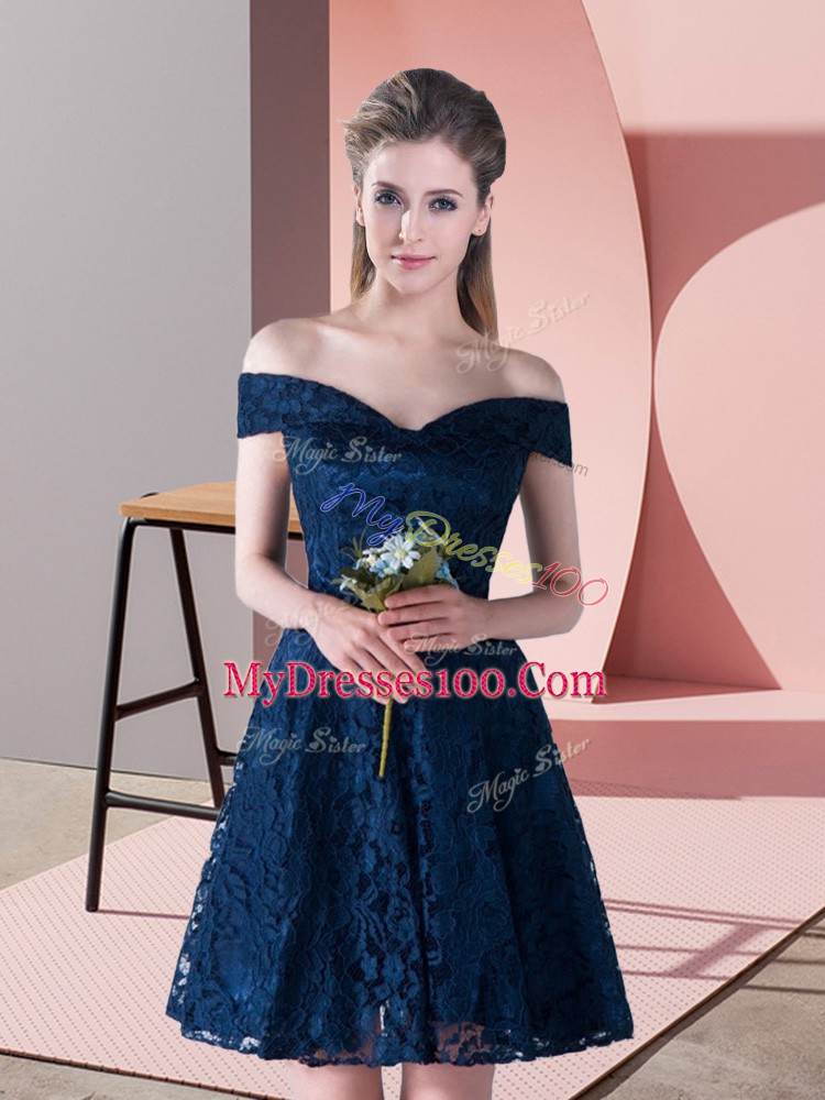 Fashionable Navy Blue Lace Up Lace Sleeveless Mini Length