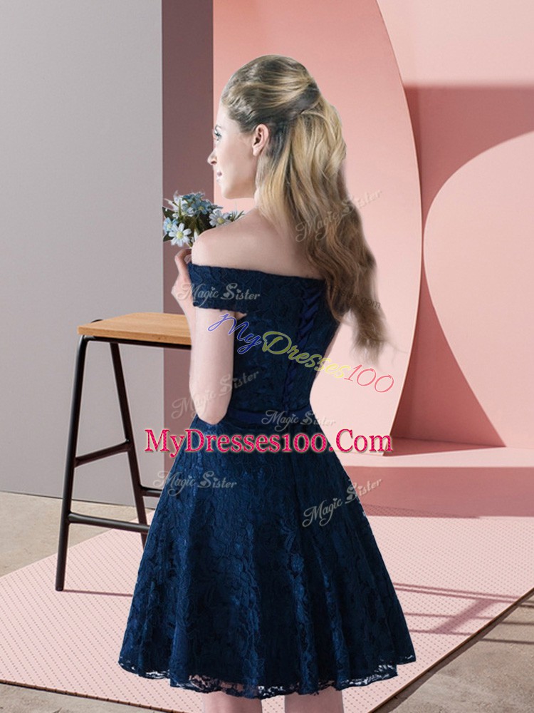 Fashionable Navy Blue Lace Up Lace Sleeveless Mini Length