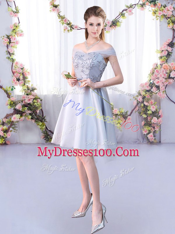 Modern Silver Satin Lace Up Wedding Party Dress Sleeveless Knee Length Lace