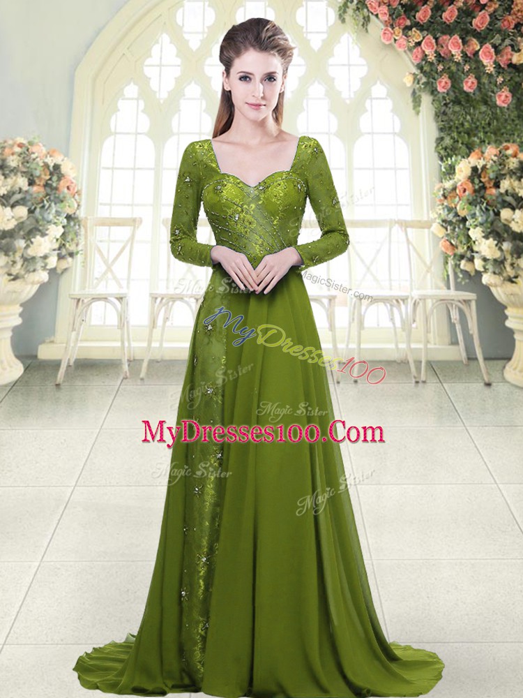 Olive Green Long Sleeves Sweep Train Beading Homecoming Dress