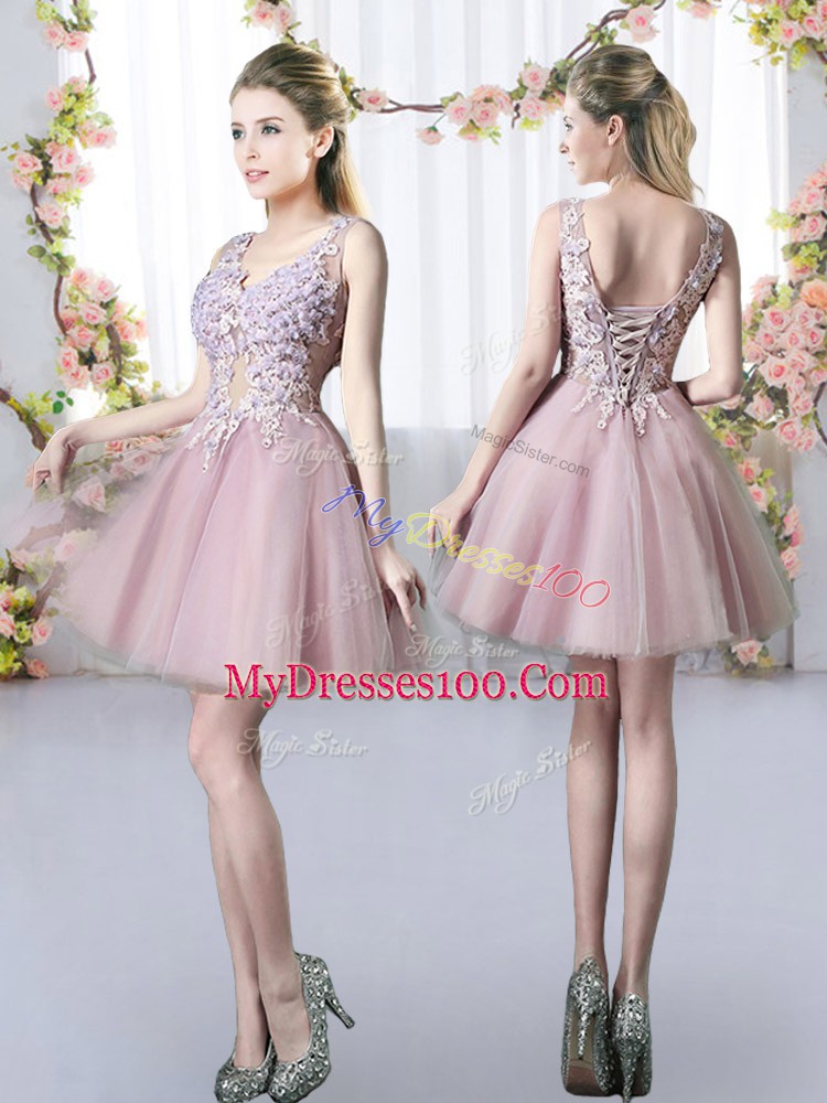Ideal Pink Sleeveless Tulle Lace Up Bridesmaid Dresses for Prom and Party and Wedding Party