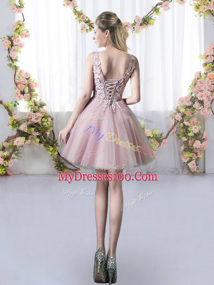 Ideal Pink Sleeveless Tulle Lace Up Bridesmaid Dresses for Prom and Party and Wedding Party