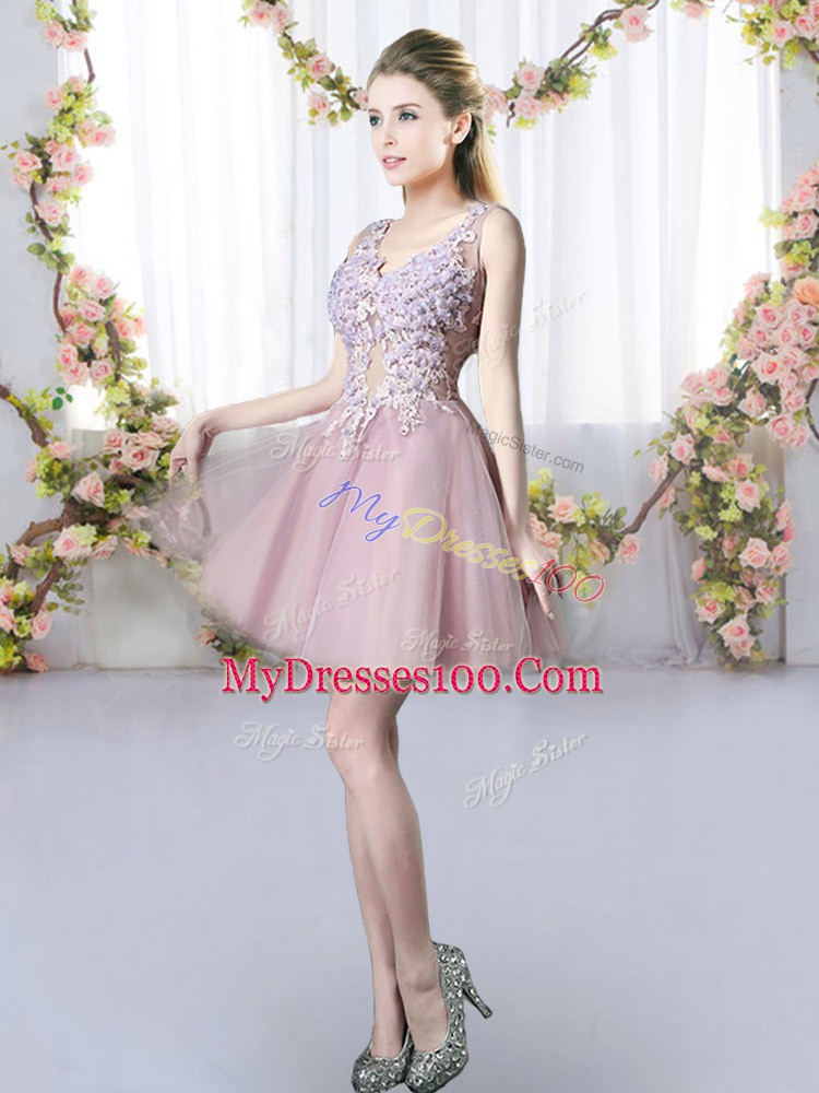 Ideal Pink Sleeveless Tulle Lace Up Bridesmaid Dresses for Prom and Party and Wedding Party