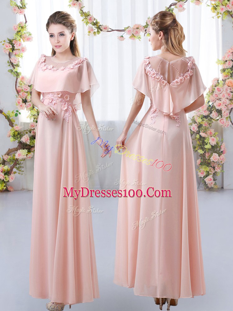 Empire Bridesmaid Dress Pink Scoop Chiffon Short Sleeves Floor Length Zipper