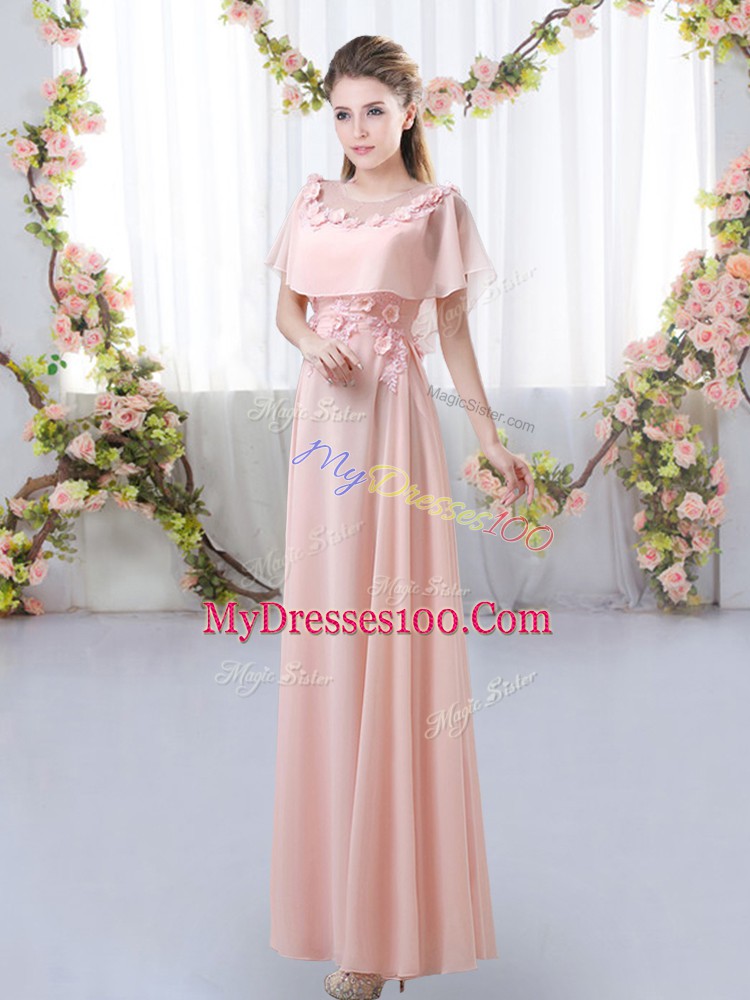 Empire Bridesmaid Dress Pink Scoop Chiffon Short Sleeves Floor Length Zipper