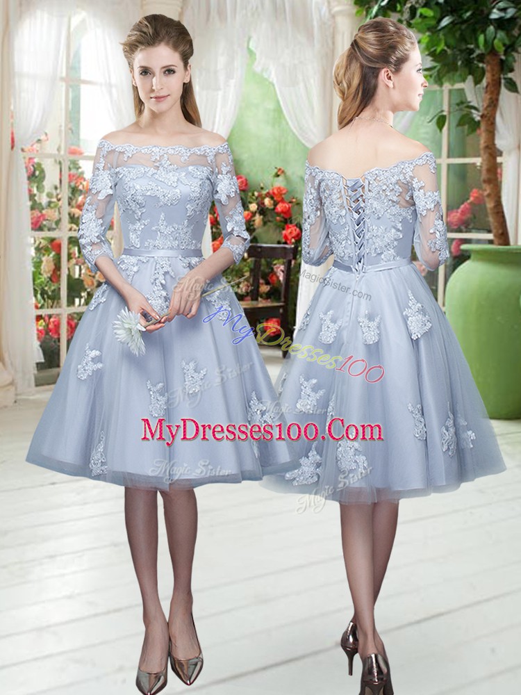 Latest Grey A-line Appliques Evening Party Dresses Lace Up Tulle 3 4 Length Sleeve Knee Length