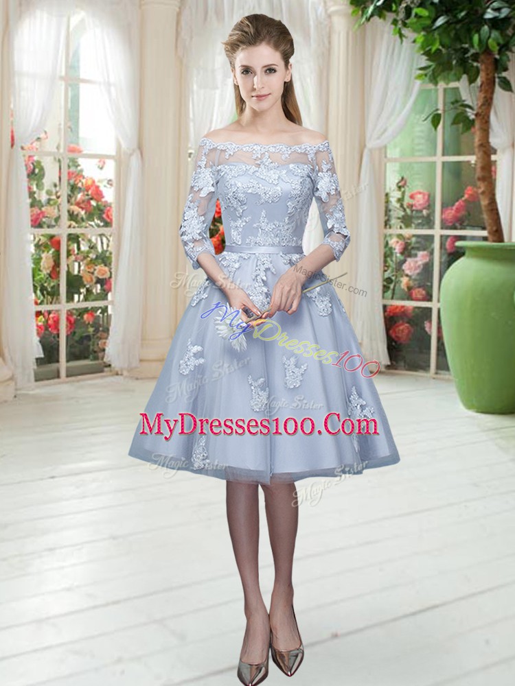 Latest Grey A-line Appliques Evening Party Dresses Lace Up Tulle 3 4 Length Sleeve Knee Length