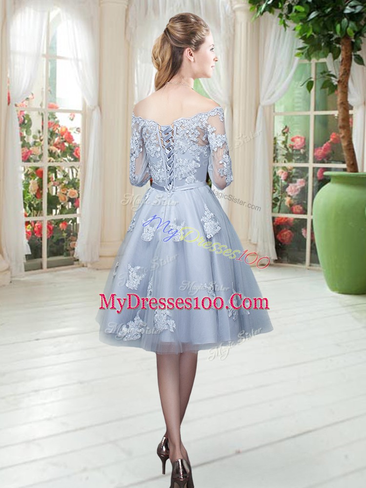 Latest Grey A-line Appliques Evening Party Dresses Lace Up Tulle 3 4 Length Sleeve Knee Length